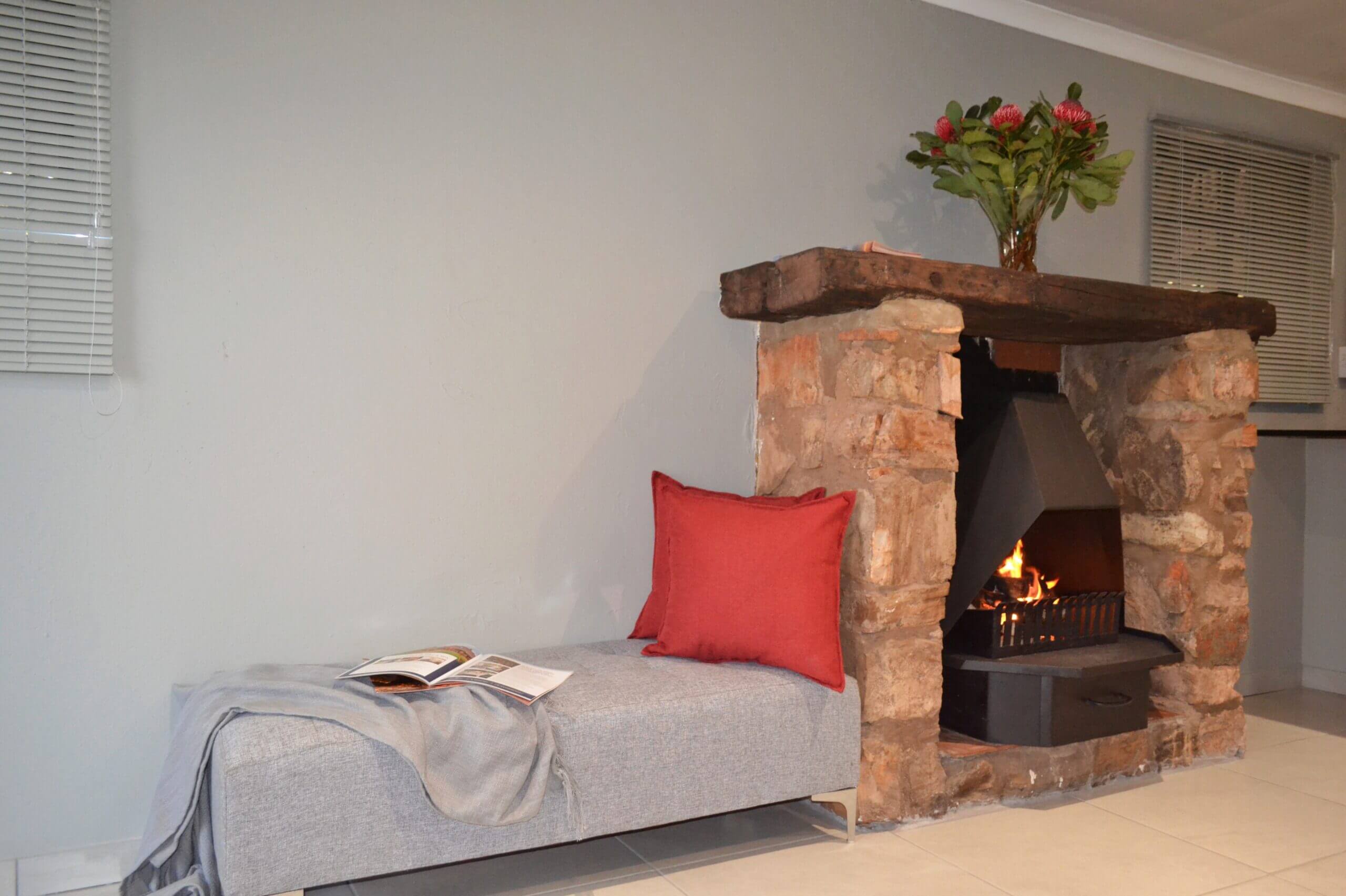 lounge chair and fireplace